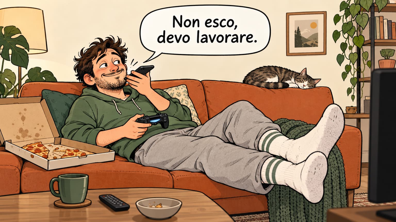 Un amico sul divano con pizza e controller manda un messaggio: «Non esco, devo lavorare».